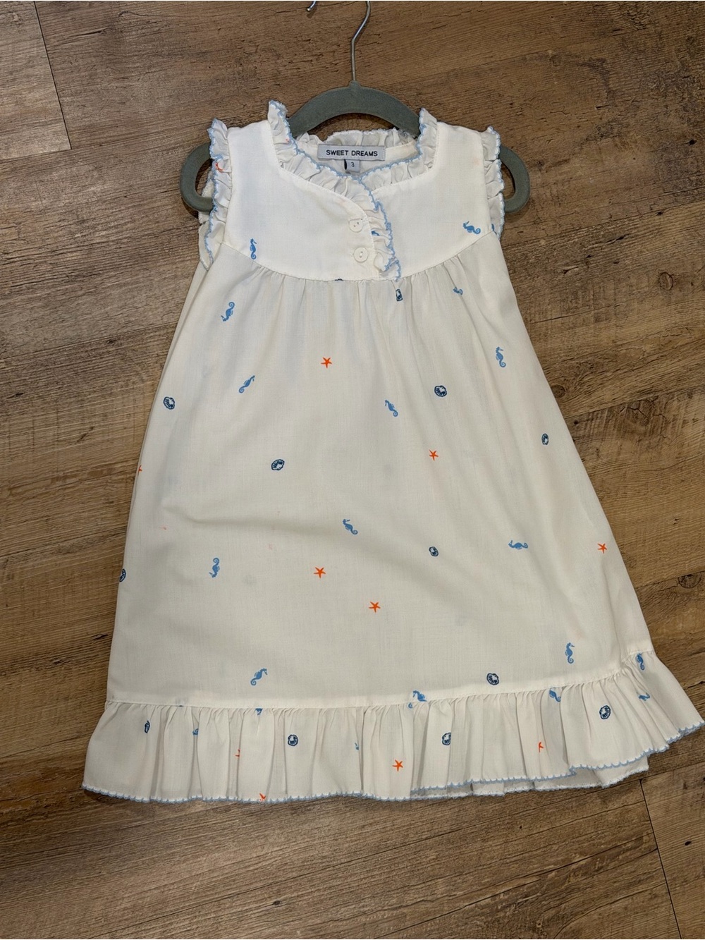 Sweet Dreams White Sleeveless Kids Nightgown with Blue & Orange Sea Motifs